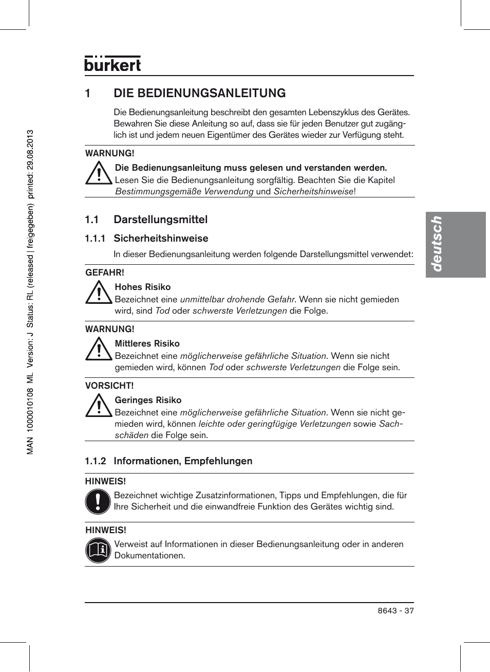 1 die bedienungsanleitung, 1 darstellungsmittel, Deutsch | 1die bedienungsanleitung | Burkert Type 8643 User Manual | Page 37 / 124