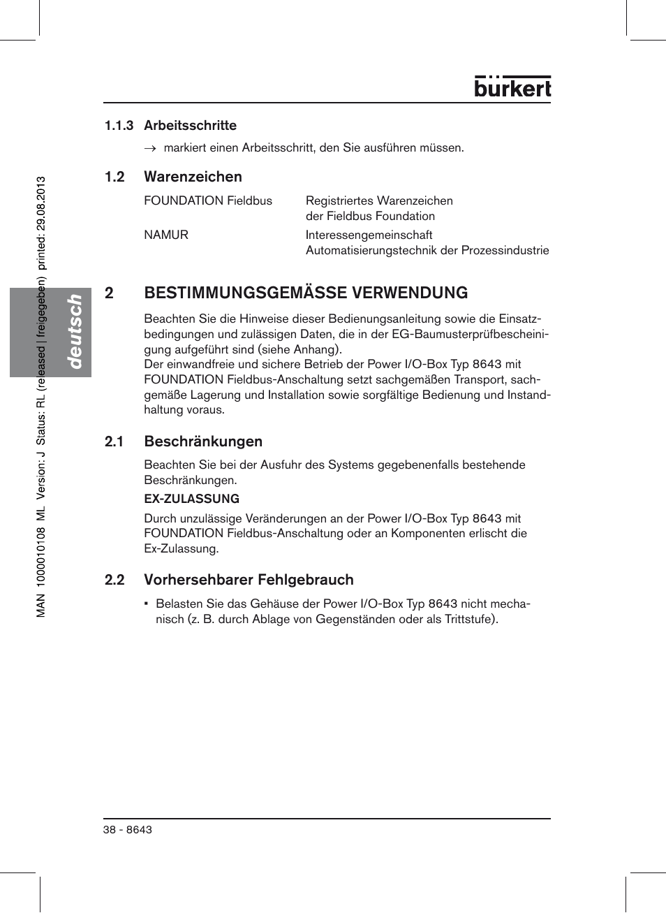 2 warenzeichen, 2 bestimmungsgemässe verwendung, 1 beschränkungen | 2 vorhersehbarer fehlgebrauch, Deutsch, 2bestimmungsgemässe verwendung | Burkert Type 8643 User Manual | Page 38 / 124