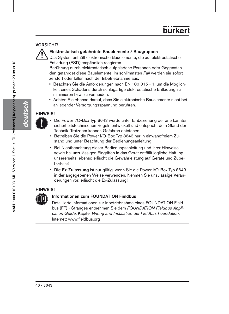 Deutsch | Burkert Type 8643 User Manual | Page 40 / 124