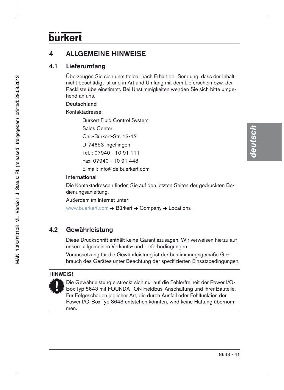 4 allgemeine hinweise, 1 lieferumfang, 2 gewährleistung | Deutsch, 4allgemeine hinweise | Burkert Type 8643 User Manual | Page 41 / 124