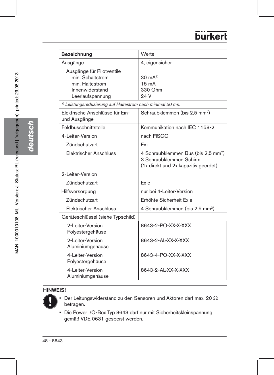 Deutsch | Burkert Type 8643 User Manual | Page 48 / 124