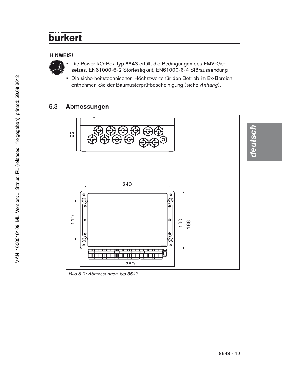 3 abmessungen, Deutsch | Burkert Type 8643 User Manual | Page 49 / 124