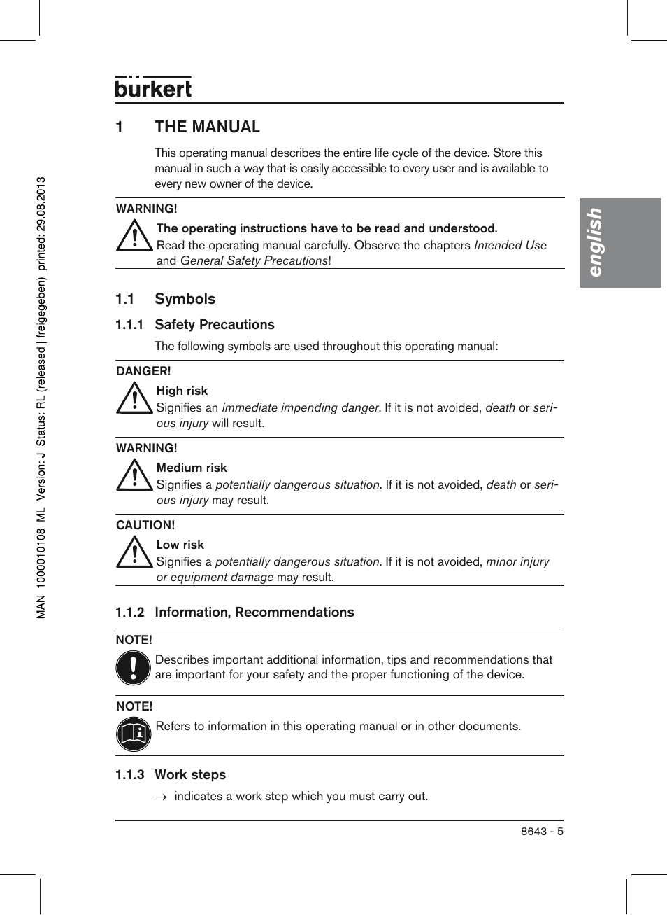 1 the manual, 1 symbols, English | 1the manual | Burkert Type 8643 User Manual | Page 5 / 124