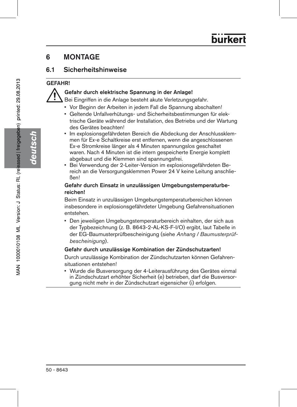 6 montage, 1 sicherheitshinweise, Deutsch | 6montage | Burkert Type 8643 User Manual | Page 50 / 124