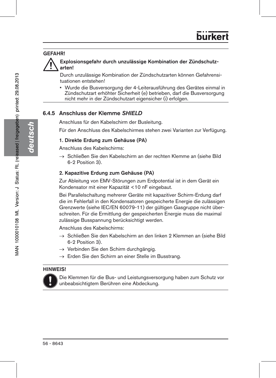 Deutsch | Burkert Type 8643 User Manual | Page 56 / 124