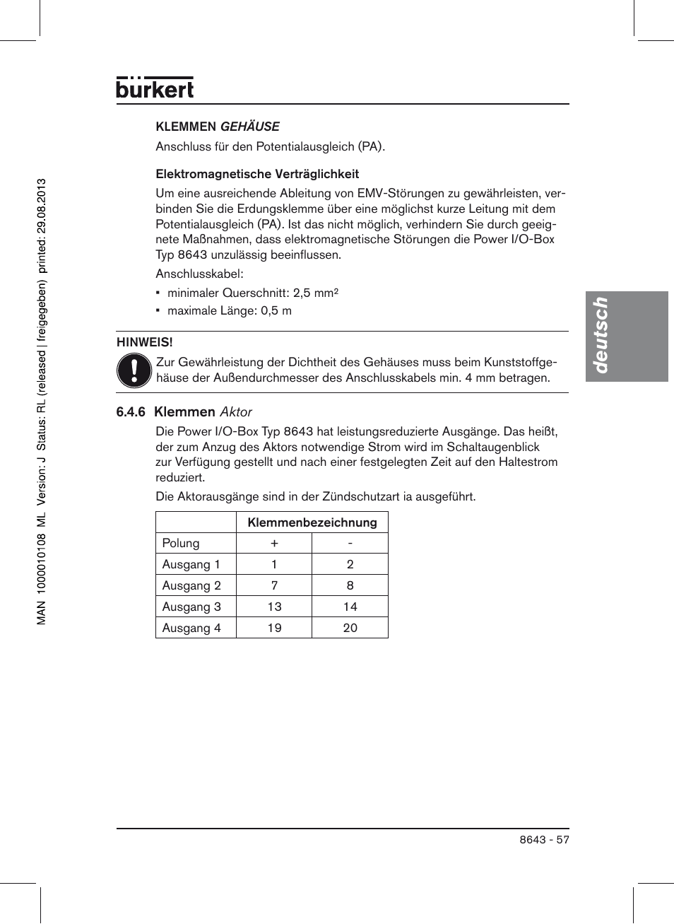 Deutsch | Burkert Type 8643 User Manual | Page 57 / 124