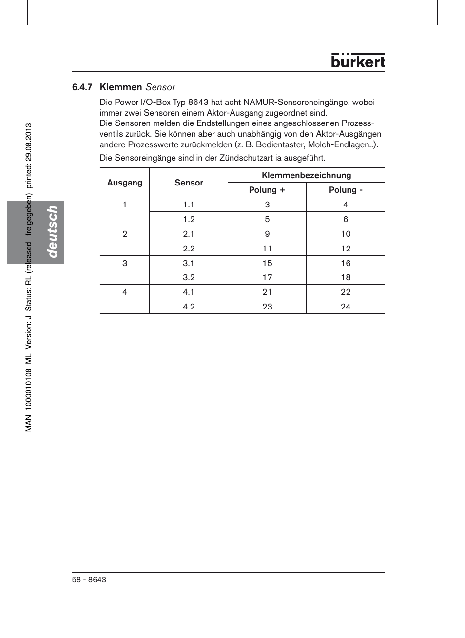 Deutsch | Burkert Type 8643 User Manual | Page 58 / 124