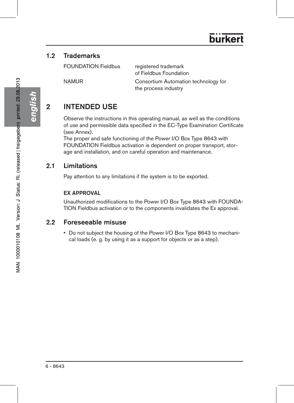 2 trademarks, 2 intended use, 1 limitations | 2 foreseeable misuse, English, 2intended use | Burkert Type 8643 User Manual | Page 6 / 124