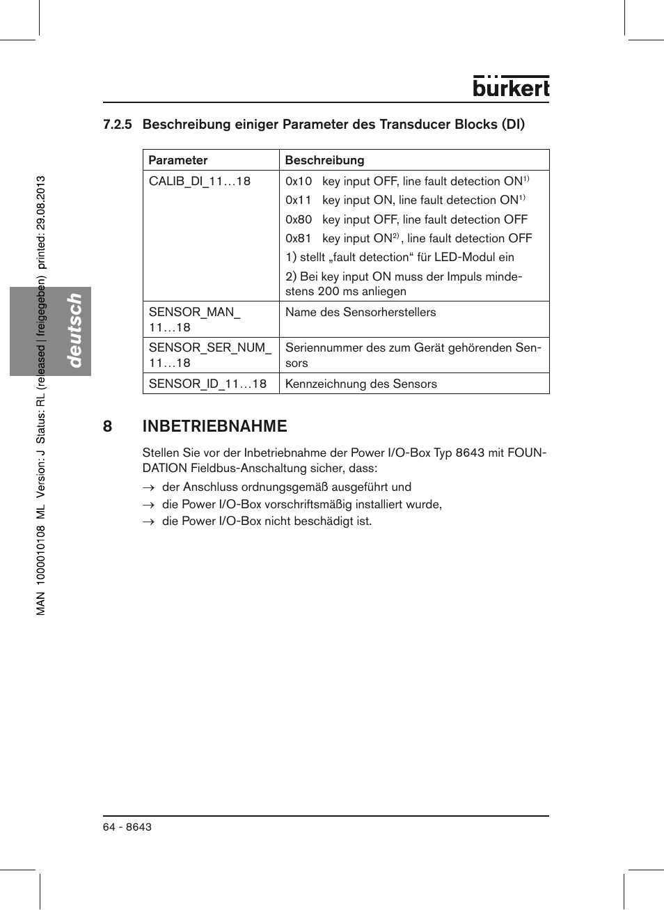 8 inbetriebnahme, Deutsch, 8inbetriebnahme | Burkert Type 8643 User Manual | Page 64 / 124