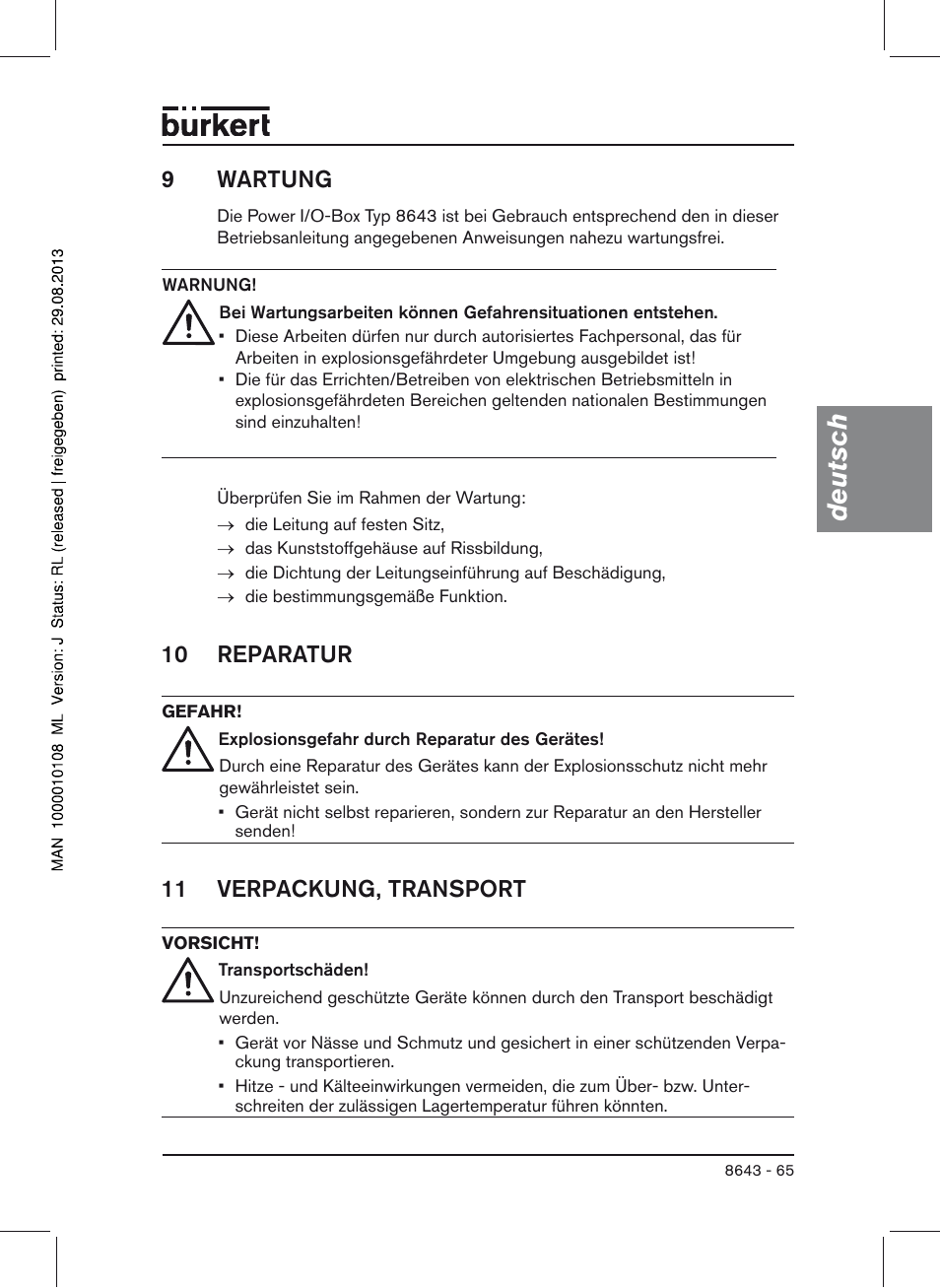 9 wartung, 10 reparatur, 11 verpackung, transport | Deutsch, 9wartung | Burkert Type 8643 User Manual | Page 65 / 124