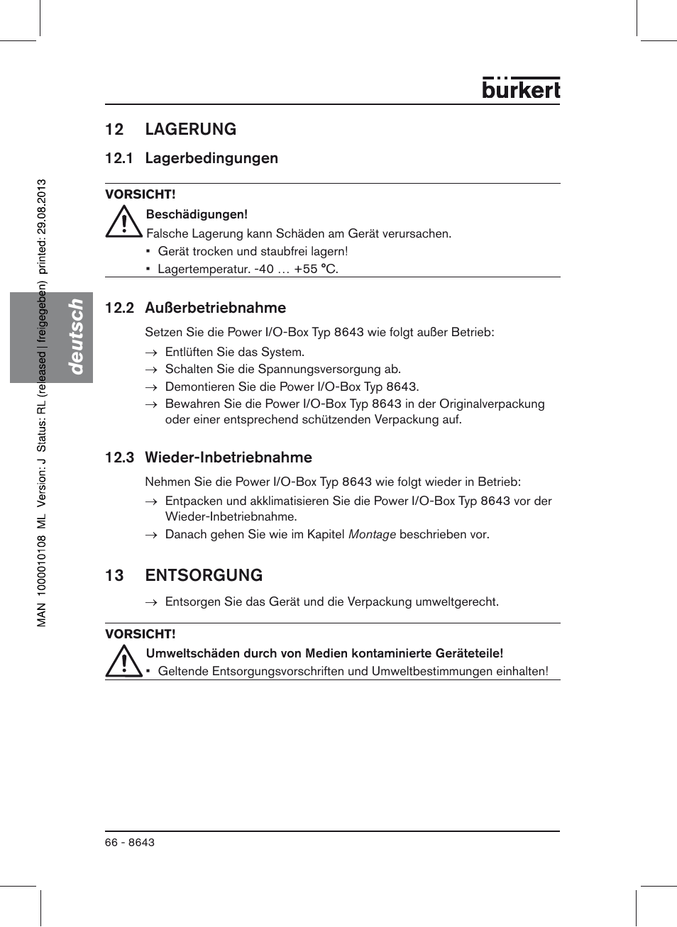 12 lagerung, 1 lagerbedingungen, 2 außerbetriebnahme | 3 wieder-inbetriebnahme, 13 entsorgung, Deutsch | Burkert Type 8643 User Manual | Page 66 / 124