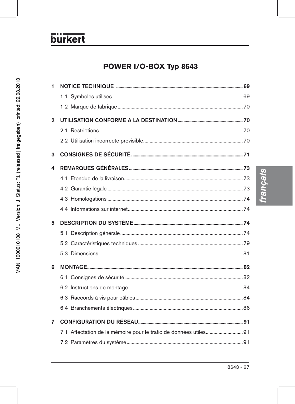 Francais, Français, Power i/o-box typ 8643 | Burkert Type 8643 User Manual | Page 67 / 124