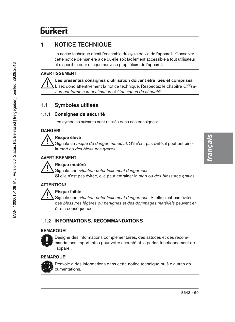 1 notice technique, 1 symboles utilisés, Français | 1notice technique | Burkert Type 8643 User Manual | Page 69 / 124