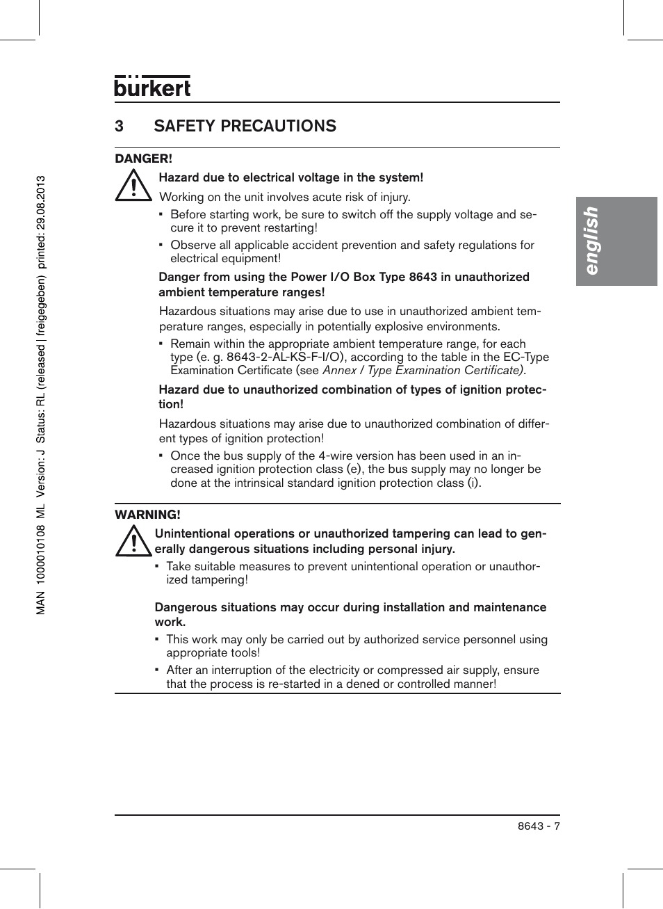 3 safety precautions, English, 3safety precautions | Burkert Type 8643 User Manual | Page 7 / 124