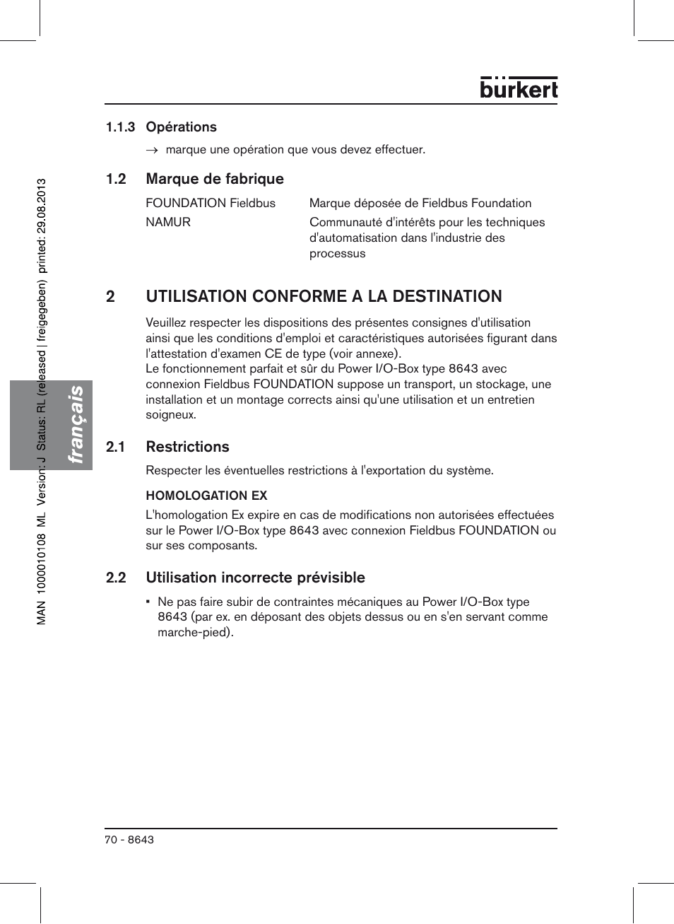 2 marque de fabrique, 2 utilisation conforme a la destination, 1 restrictions | 2 utilisation incorrecte prévisible, Français, 2utilisation conforme a la destination | Burkert Type 8643 User Manual | Page 70 / 124