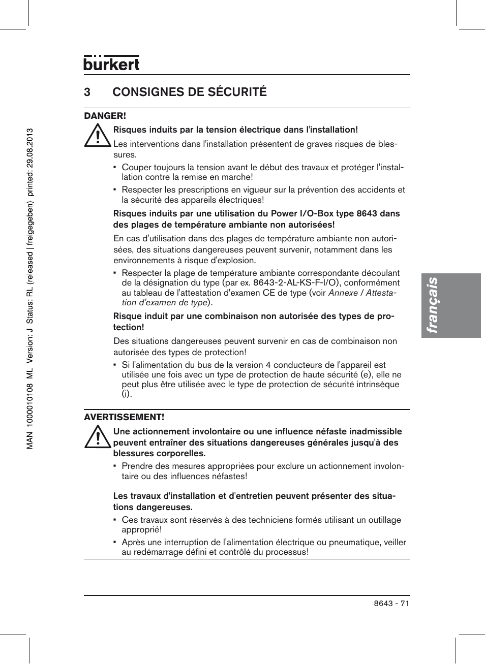 3 consignes de sécurité, Français, 3consignes de sécurité | Burkert Type 8643 User Manual | Page 71 / 124