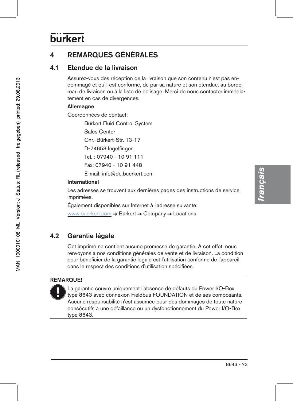 4 remarques générales, 1 etendue de la livraison, 2 garantie légale | Français, 4remarques générales | Burkert Type 8643 User Manual | Page 73 / 124