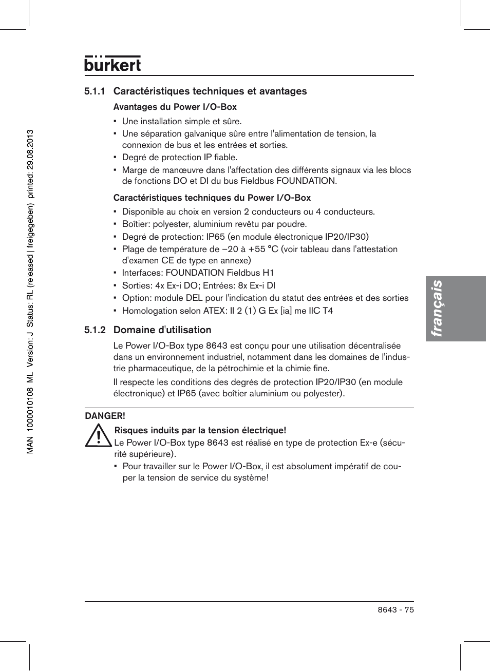 Français | Burkert Type 8643 User Manual | Page 75 / 124
