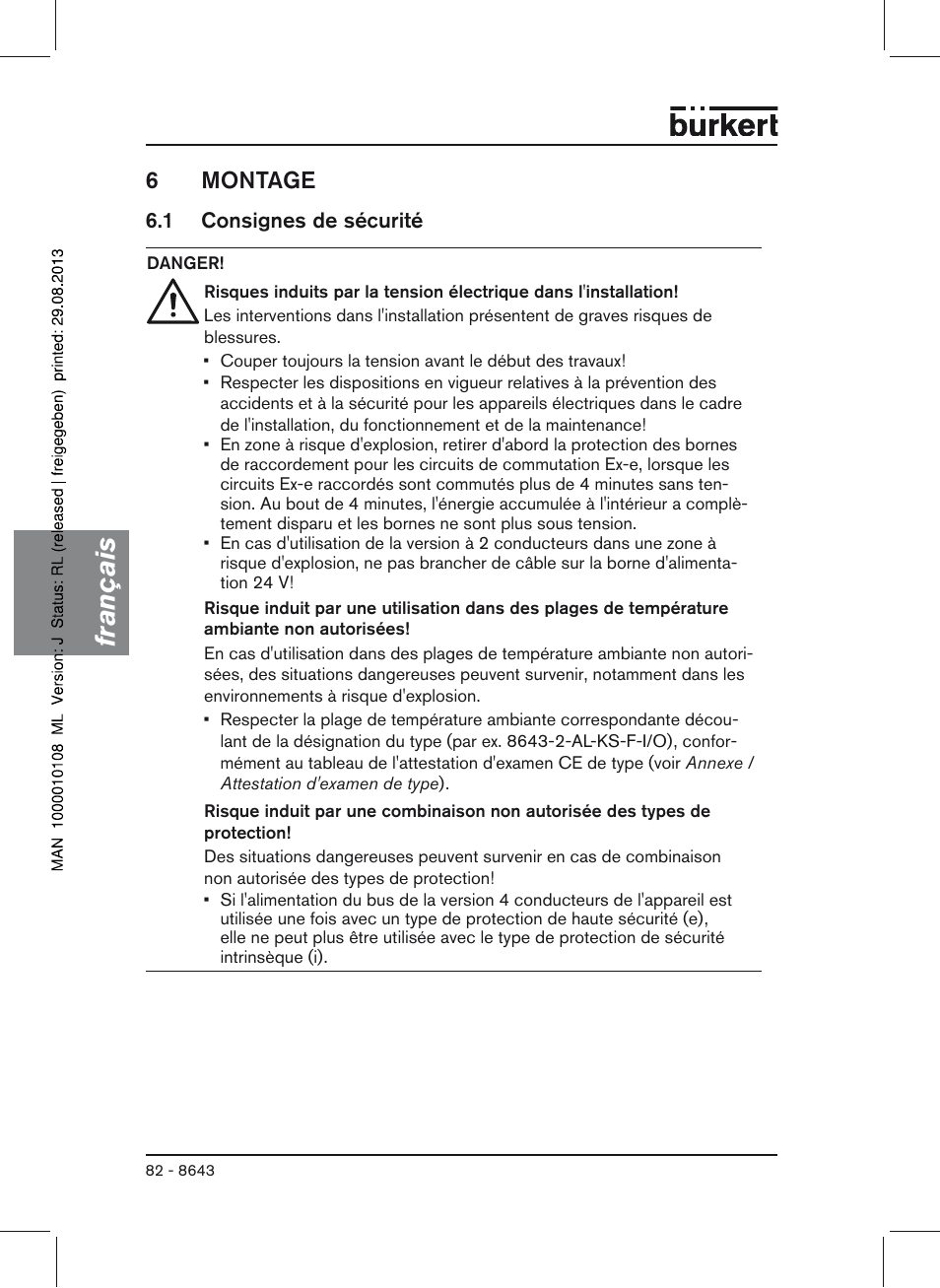 6 montage, 1 consignes de sécurité, Français | 6montage | Burkert Type 8643 User Manual | Page 82 / 124