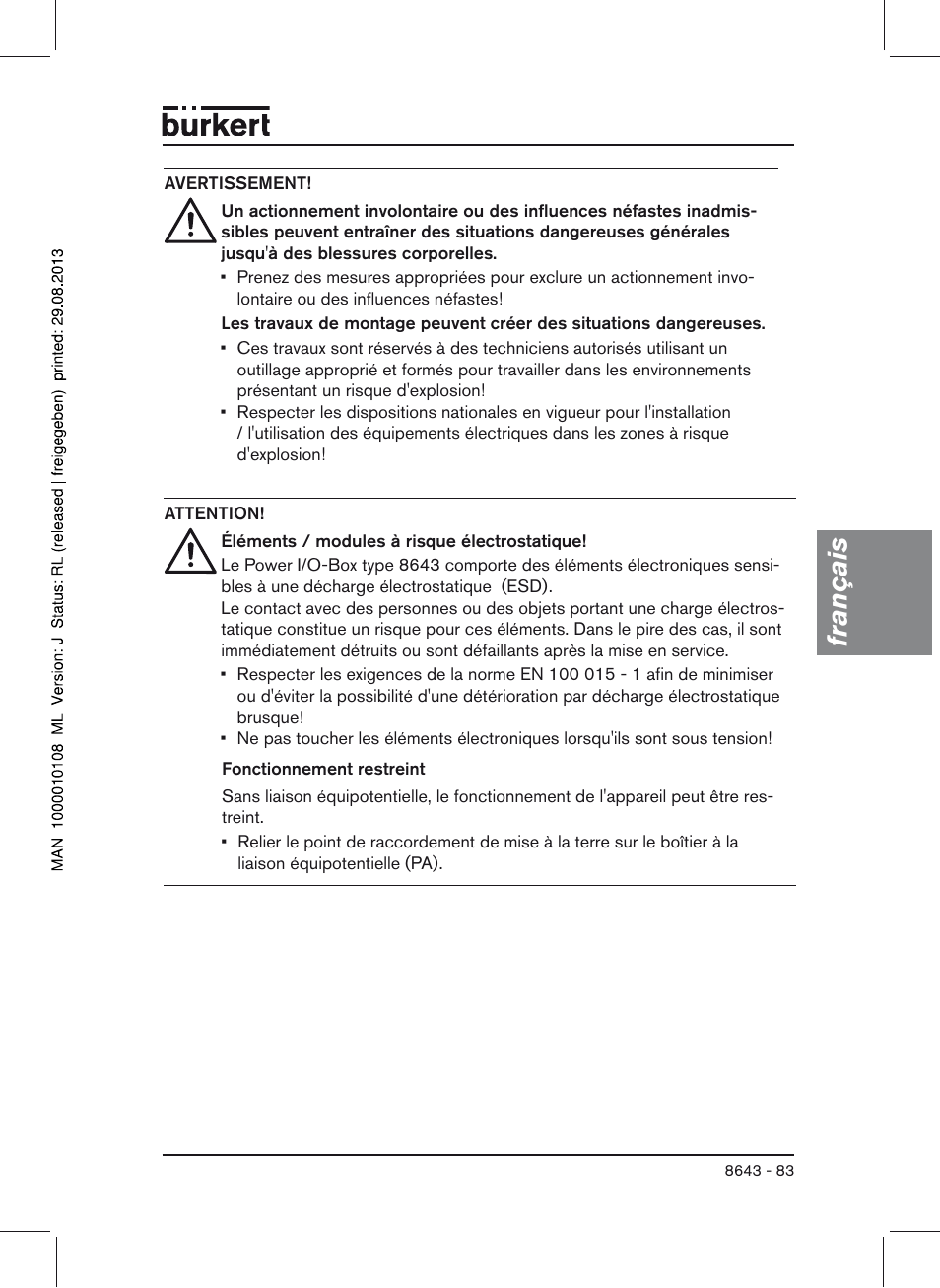 Français | Burkert Type 8643 User Manual | Page 83 / 124