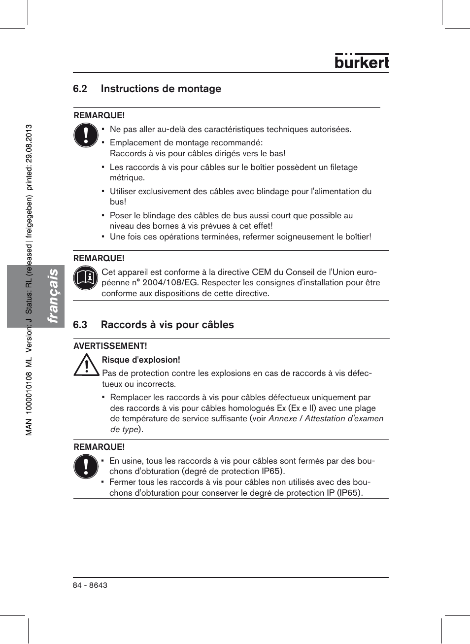 2 instructions de montage, 3 raccords à vis pour câbles, Français | Burkert Type 8643 User Manual | Page 84 / 124