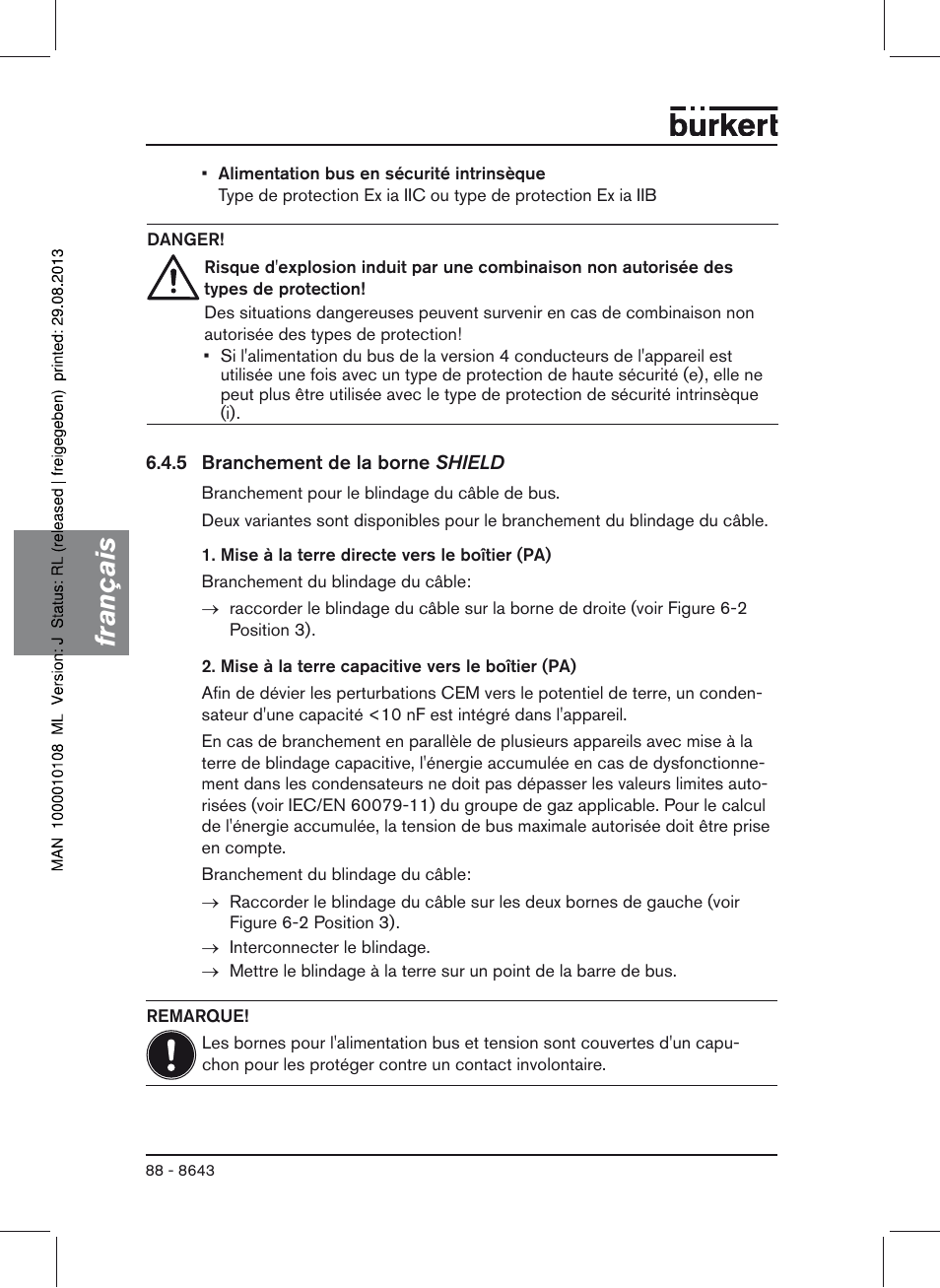 Français | Burkert Type 8643 User Manual | Page 88 / 124