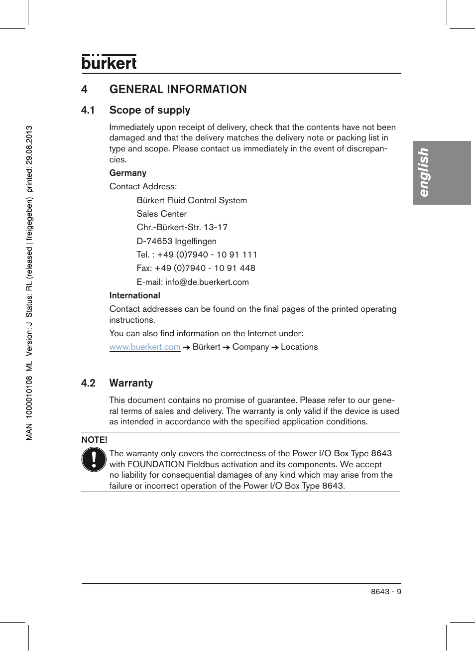 4 general information, 1 scope of supply, 2 warranty | English, 4general information | Burkert Type 8643 User Manual | Page 9 / 124