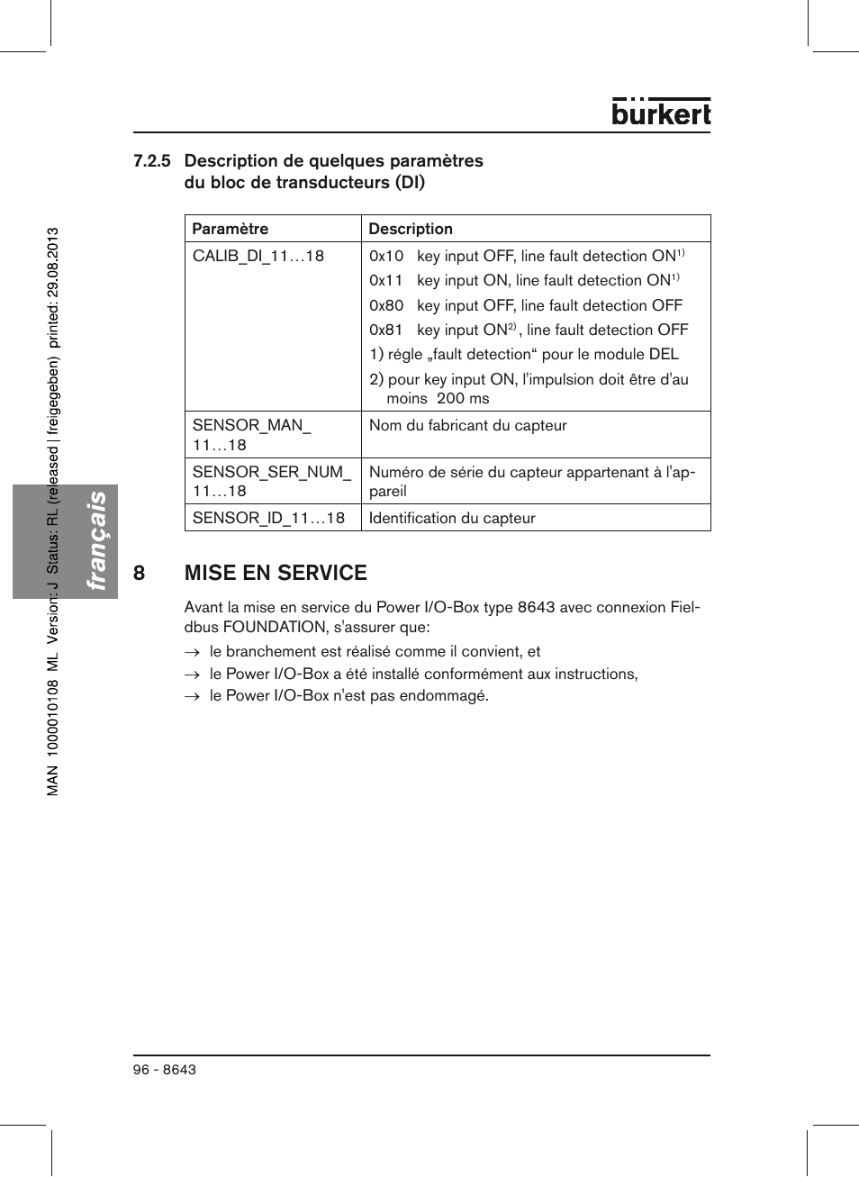 8 mise en service, Français, 8mise en service | Burkert Type 8643 User Manual | Page 96 / 124