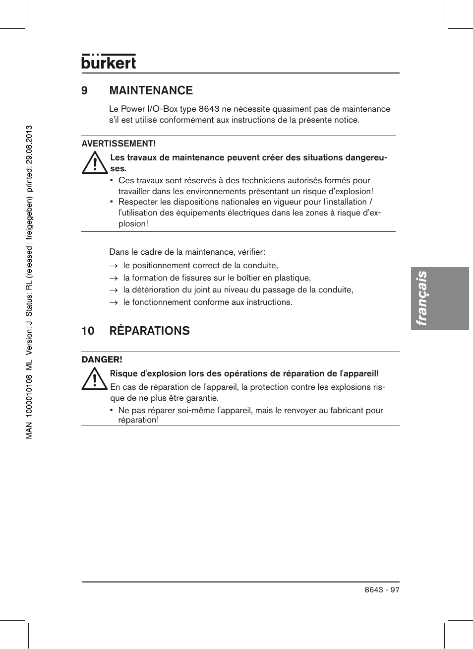 9 maintenance, 10 réparations, Français | 9maintenance | Burkert Type 8643 User Manual | Page 97 / 124