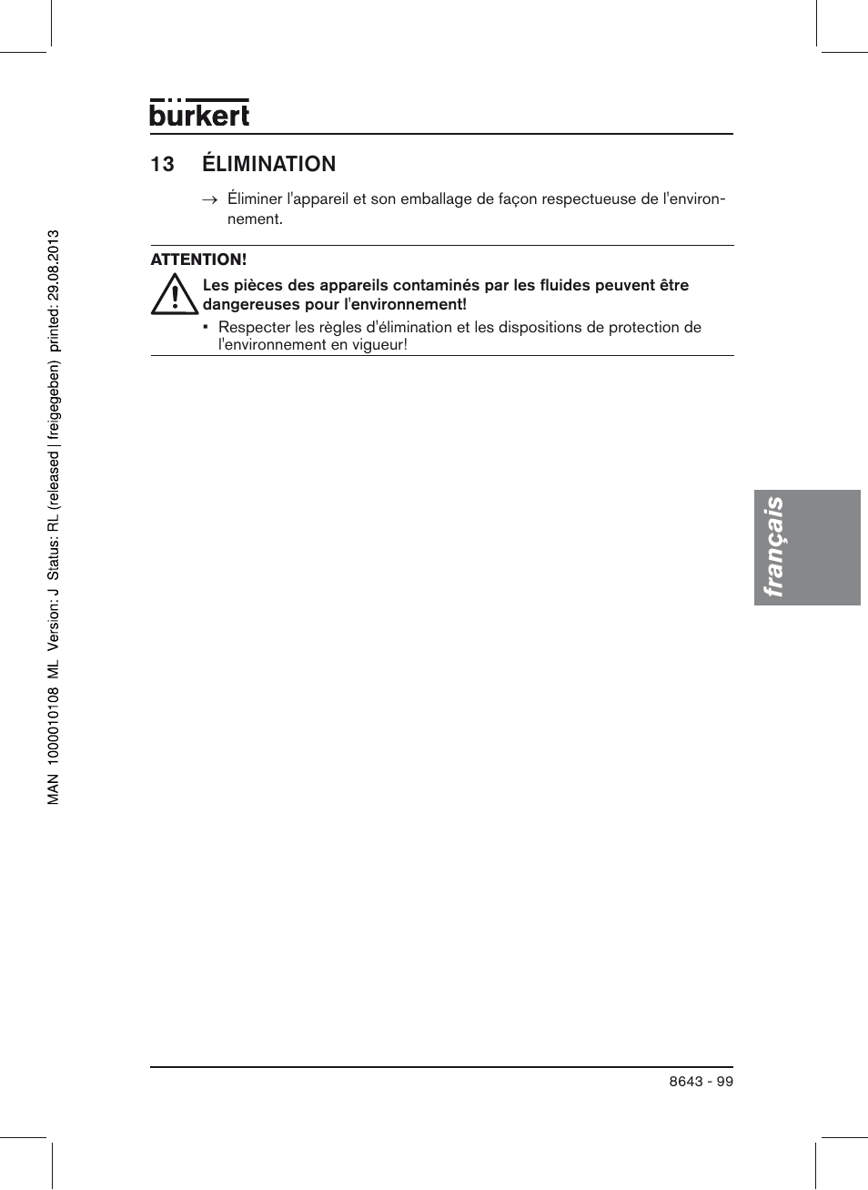 13 élimination, Français | Burkert Type 8643 User Manual | Page 99 / 124