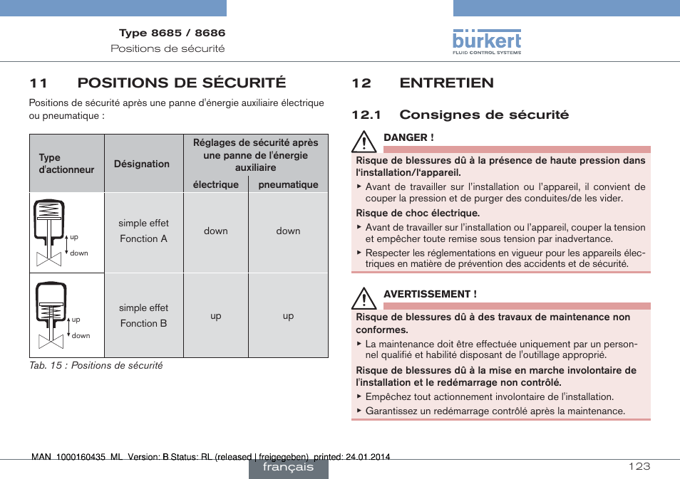 11 positions de sécurité, 12 entretien | Burkert Type 8686 User Manual | Page 123 / 130