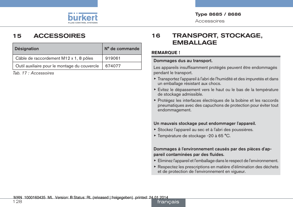 16 transport, stockage, emballage, 15 accessoires | Burkert Type 8686 User Manual | Page 128 / 130