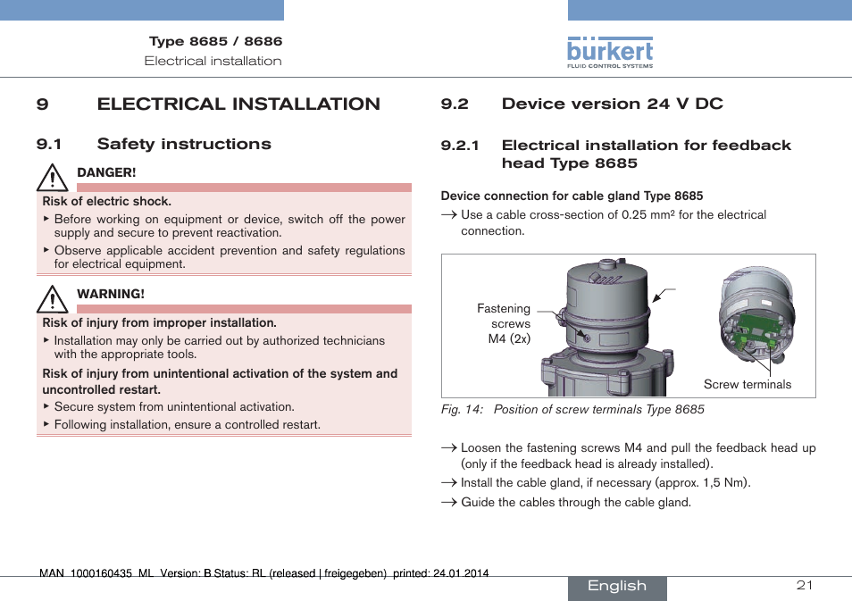 9electrical installation | Burkert Type 8686 User Manual | Page 21 / 130