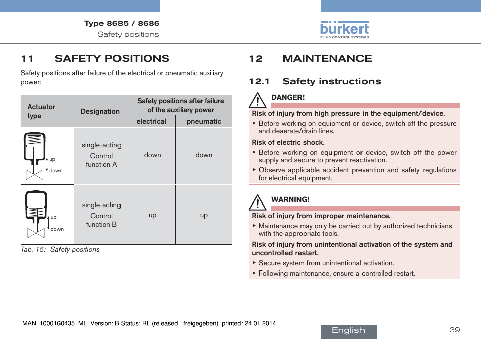 11 safety positions, 12 maintenance | Burkert Type 8686 User Manual | Page 39 / 130