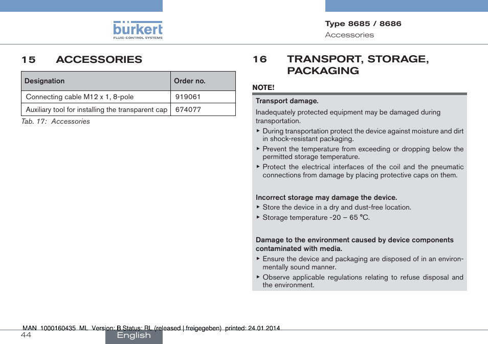 16 transport, storage, packaging, 15 accessories | Burkert Type 8686 User Manual | Page 44 / 130