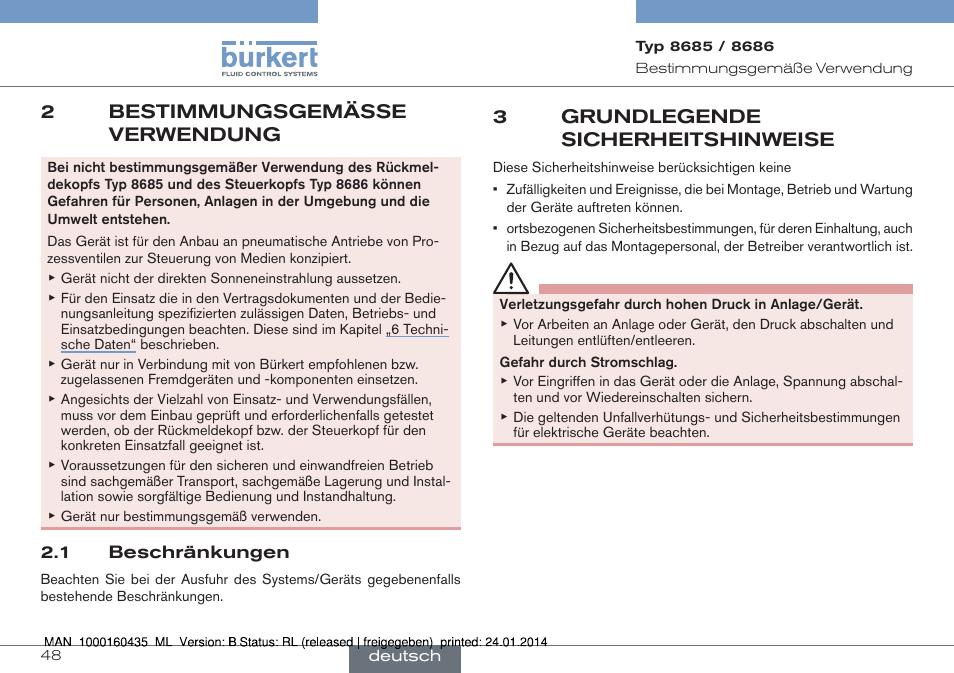 2bestimmungsgemässe verwendung, 3grundlegende sicherheitshinweise | Burkert Type 8686 User Manual | Page 48 / 130