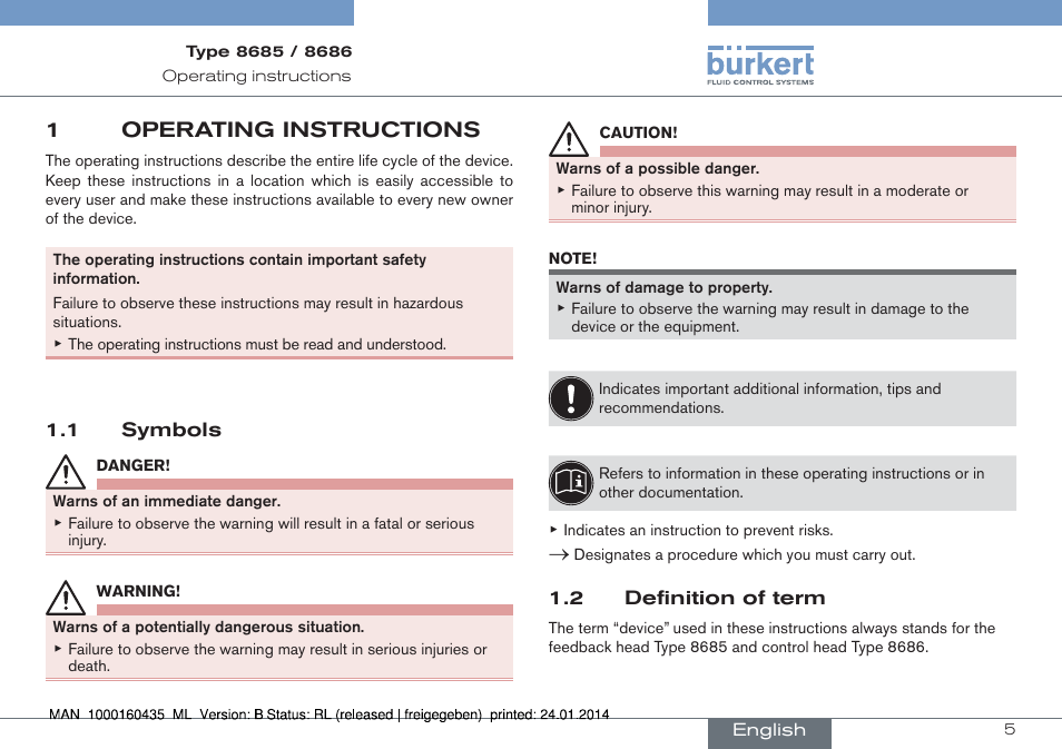 1operating instructions | Burkert Type 8686 User Manual | Page 5 / 130