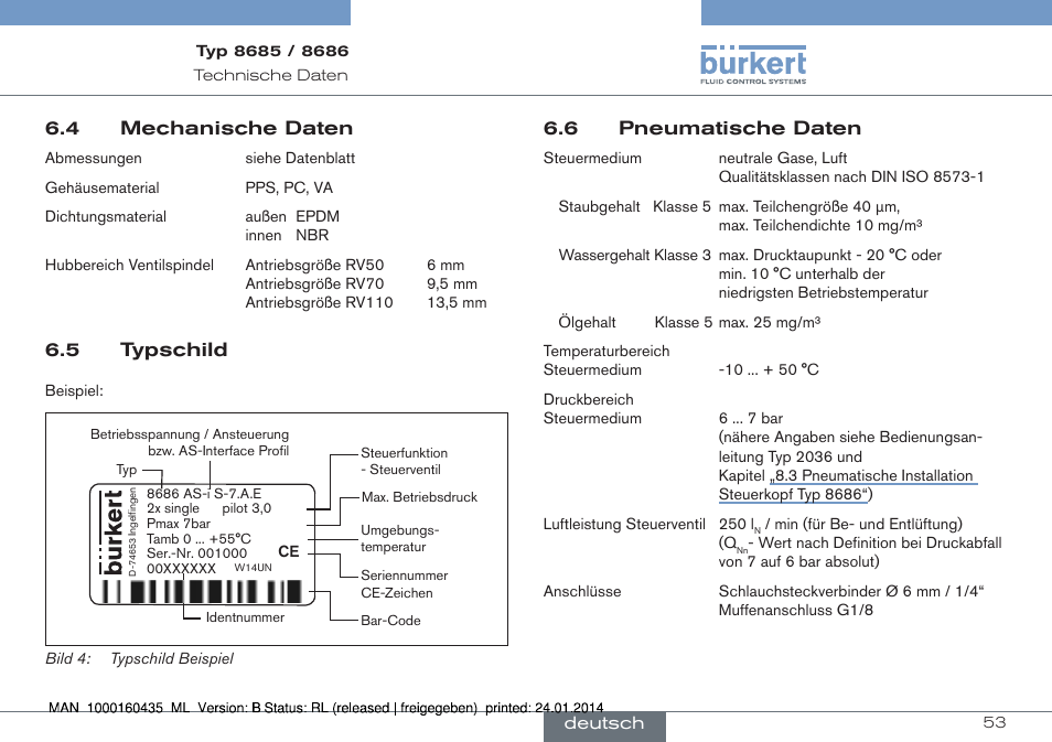 4 mechanische daten, 5 typschild, 6 pneumatische daten | Burkert Type 8686 User Manual | Page 53 / 130