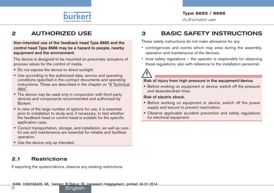 2authorized use, 3basic safety instructions | Burkert Type 8686 User Manual | Page 6 / 130