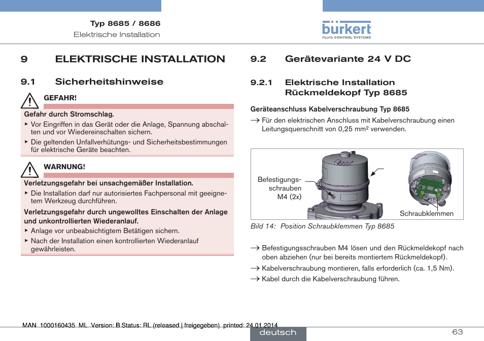 9elektrische installation | Burkert Type 8686 User Manual | Page 63 / 130