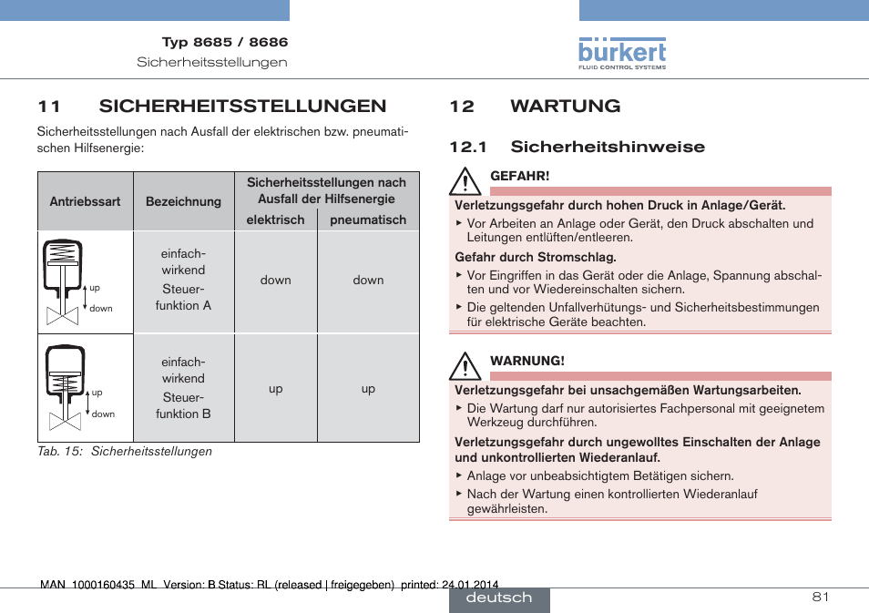 11 sicherheitsstellungen, 12 wartung | Burkert Type 8686 User Manual | Page 81 / 130