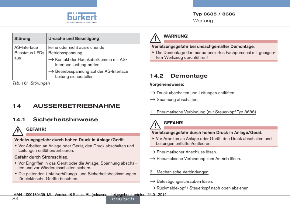 14 ausserbetriebnahme | Burkert Type 8686 User Manual | Page 84 / 130