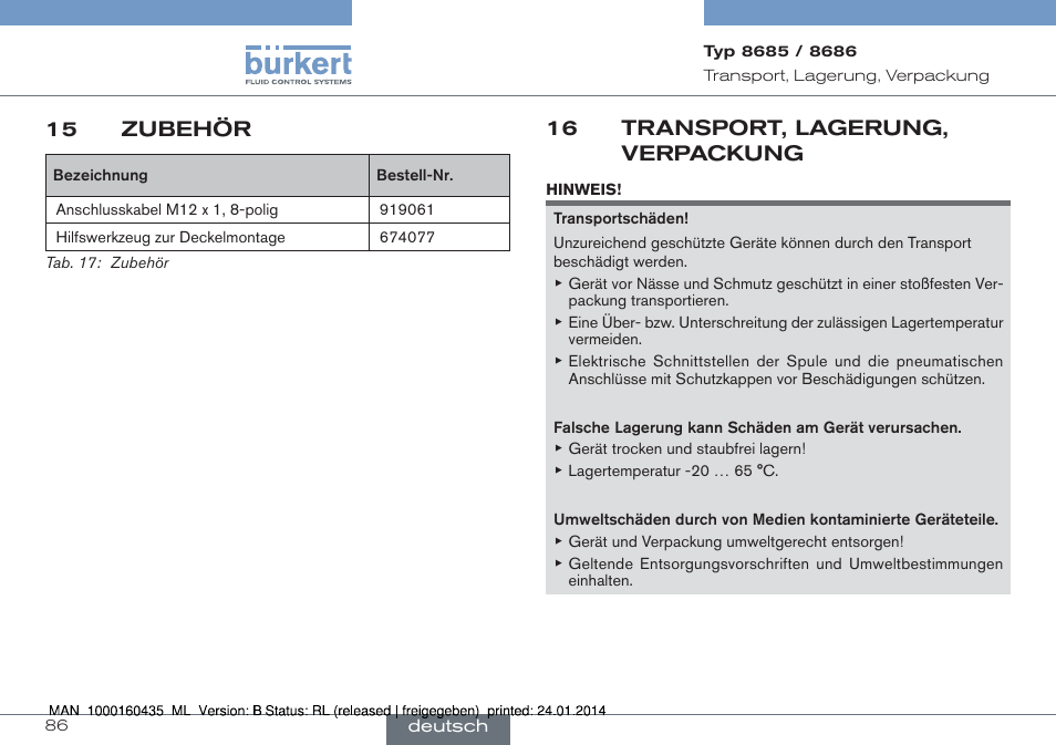 16 transport, lagerung, verpackung, 15 zubehör | Burkert Type 8686 User Manual | Page 86 / 130