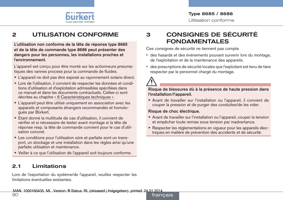 2utilisation conforme, 3consignes de sécurité fondamentales | Burkert Type 8686 User Manual | Page 90 / 130