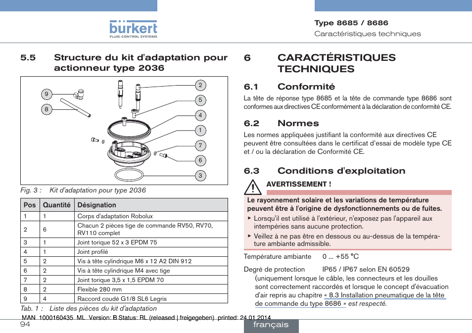 6caractéristiques techniques, 1 conformité, 2 normes | 3 conditions d'exploitation | Burkert Type 8686 User Manual | Page 94 / 130