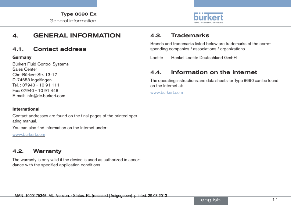 General information | Burkert Type 8690 User Manual | Page 11 / 100