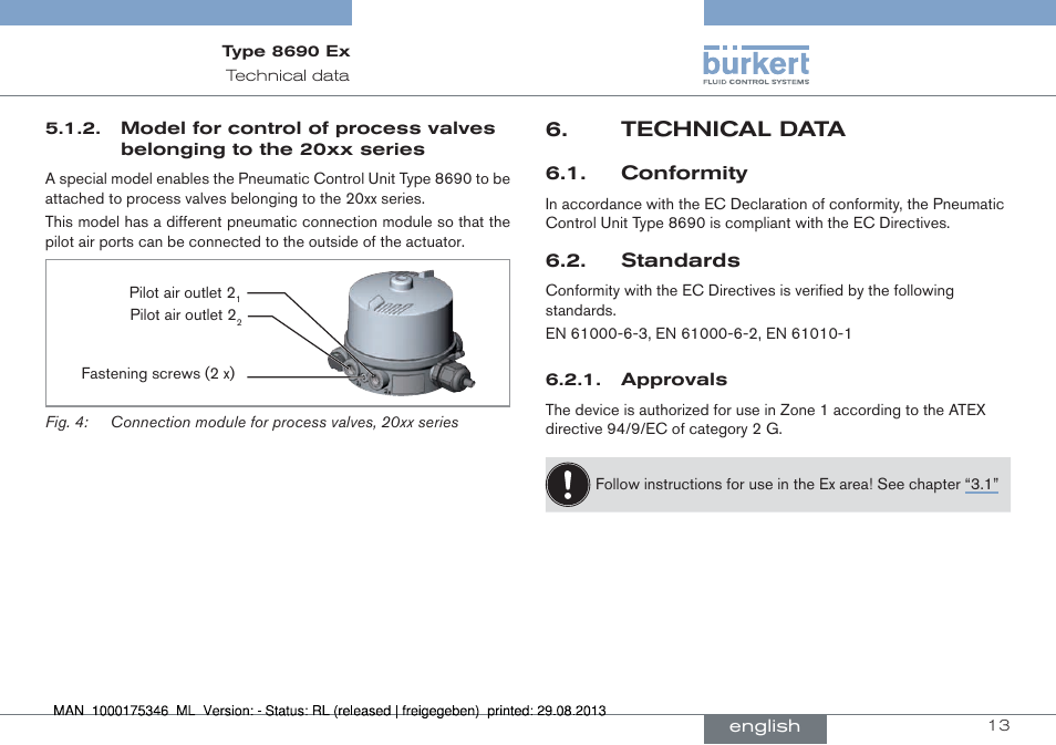 Technical data, Conformity 6.2. standards | Burkert Type 8690 User Manual | Page 13 / 100