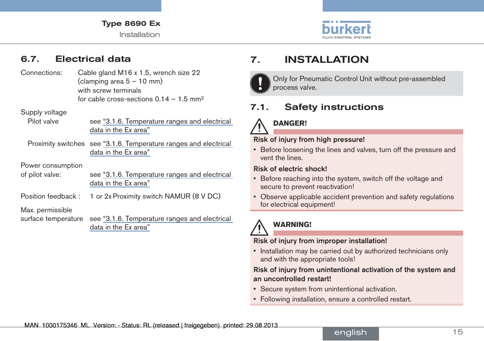 Electrical data, Installation, Safety instructions | Burkert Type 8690 User Manual | Page 15 / 100