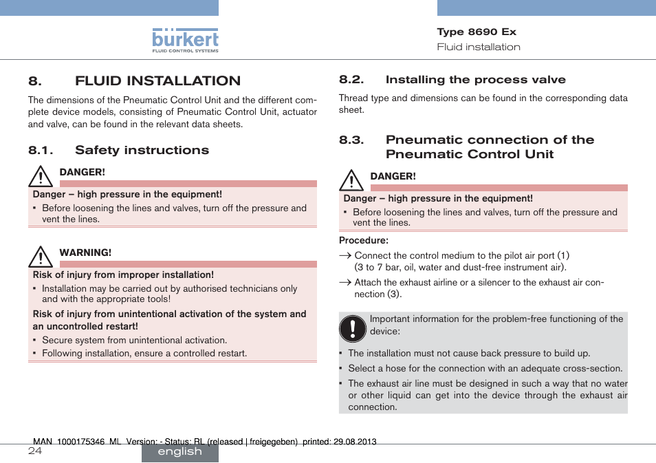 Fluid installation | Burkert Type 8690 User Manual | Page 24 / 100