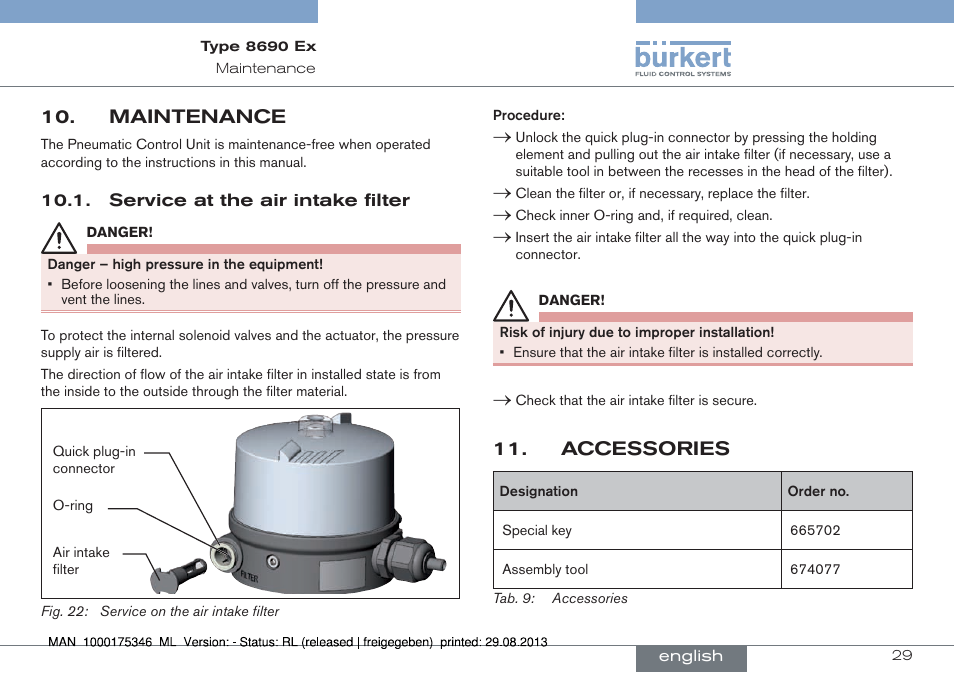 Maintenance, Service at the air intake filter, Accessories | Burkert Type 8690 User Manual | Page 29 / 100